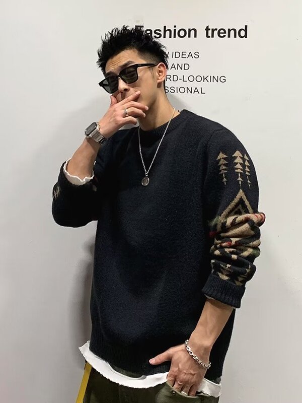 Autumn and Winter Retro Ethnic Style Thickened Sweater for Men ins American Lazy Style Round Neck Knitwear Personalized Base Layer Sweater Autumn and Winter Retro Ethnic Style Thickened Sweater for Men ins American Lazy Style Round Neck Knitwear Personalized Base Layer Sweater