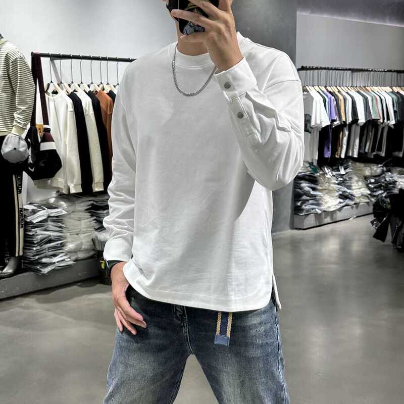 Spring and Autumn New Button-Sleeve Men's Shirt Sweatshirt Fashionable Versatile Solid Color Long-Sleeve Round Neck Casual Loose Base Shirt