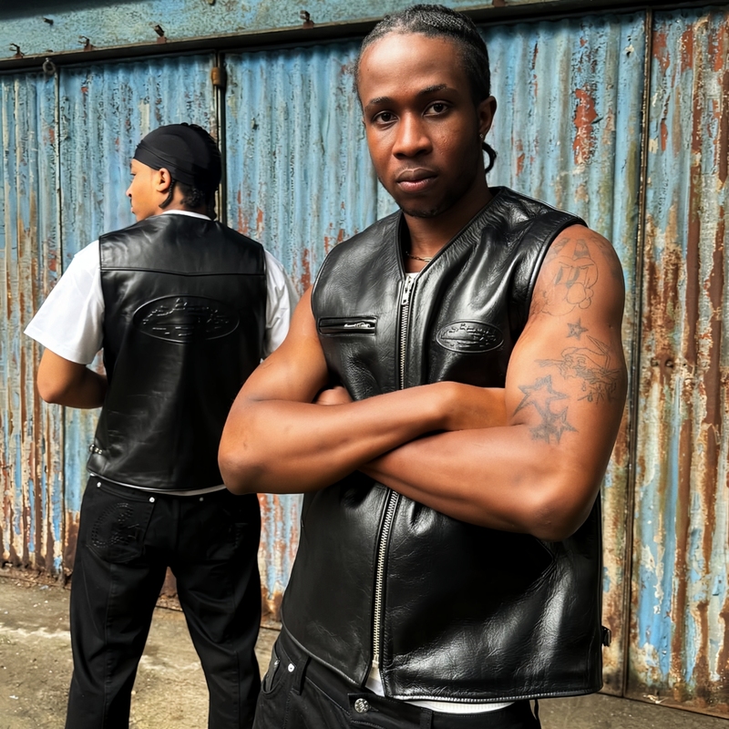 Correct Version of Corteiz Alcatraz American Hip-Hop Pu Leather Padded Vest Drill Outfit Sleeveless Jacket