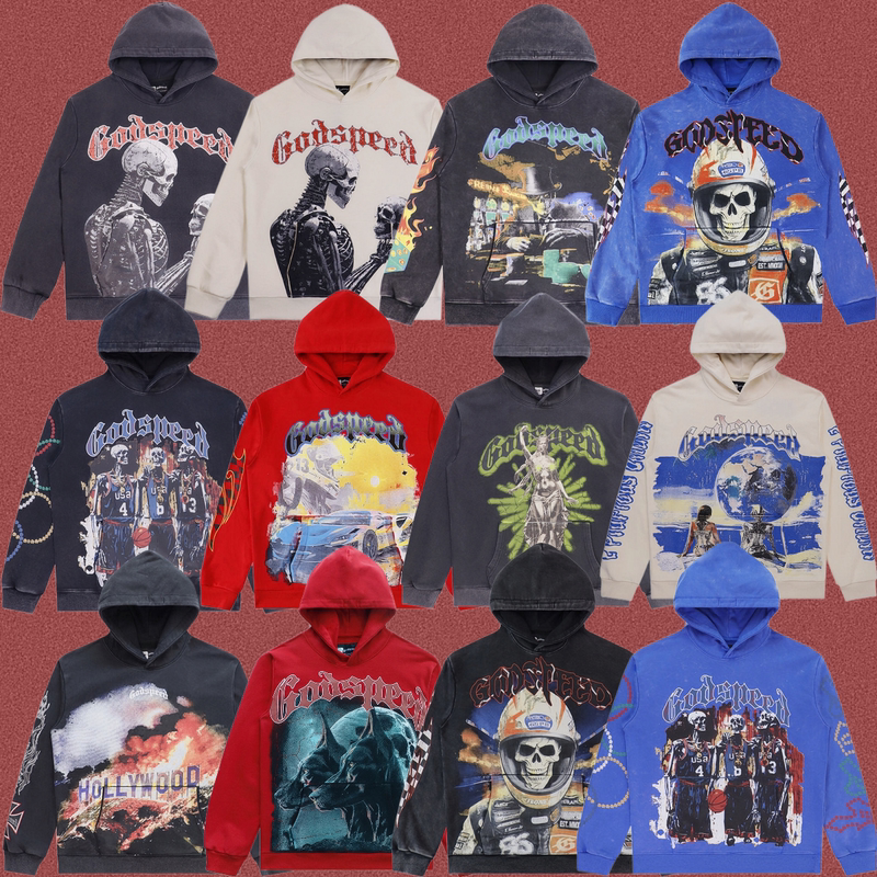 Correct Version of Godspeed Skull Pattern American Hip-Hop Sweatshirt West Coast Rap High Street Heavyweight Hoodie Trendy