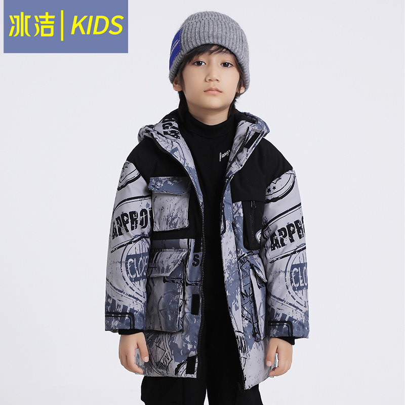 Bingjie 2021 new winter children's down jacket hooded mid-length version thickened Western style full print coat tide