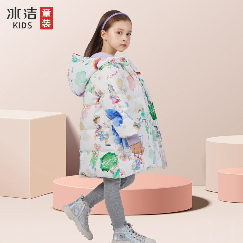 Bingjie girls' down jacket 2022 winter new mid-length version of the big boy's western style cartoon white duck down warm jacket