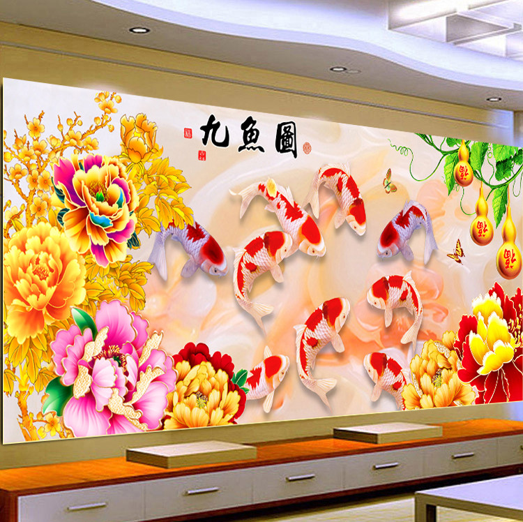 Diamond painting 2022 new living room flowers with rich cross embroidery nine fish picture hoist crystal slot embroidery