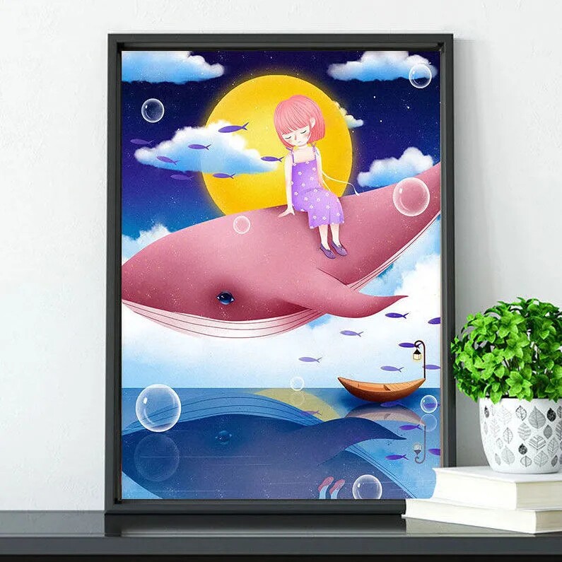 Whale Girl Cross Stitch 2022 New Thread Embroidery Living Room Small Pieces Cartoon Cute Children Bedroom Hand Embroidery
