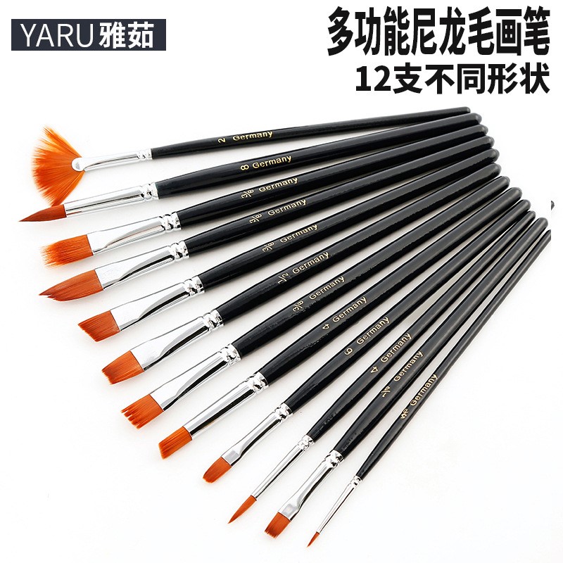 New product 12 Fitted Short Pole Deep Blue Rod with different shapes Nylon hair paintbrush Oil paintbrush Water Pink