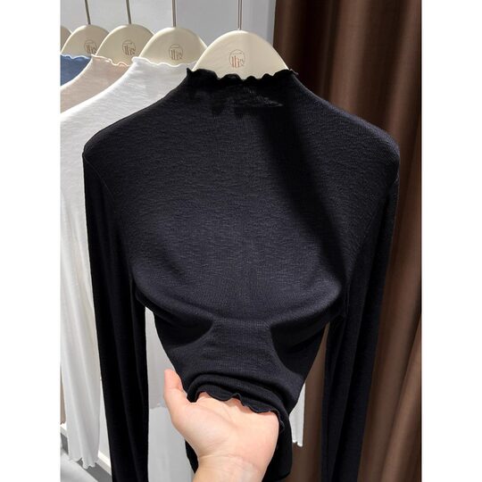 Yellow-Green Lace Half-High Collar Base Shirt for Women, Autumn and Winter 2026 New Style, Versatile, Elegant, Slimming, Can Be Worn Outside