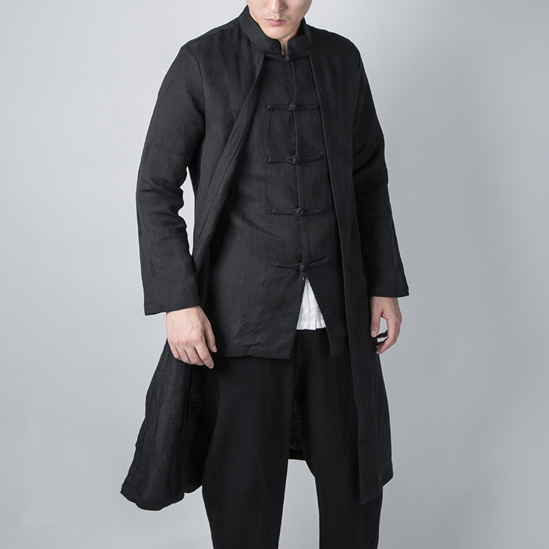 Guochao Chinese style fake two wind clothes men's mid-length style Tangclothing disc buckle Zhongshan dress standing collar autumn winter wind clothes vintage coat-Taobao