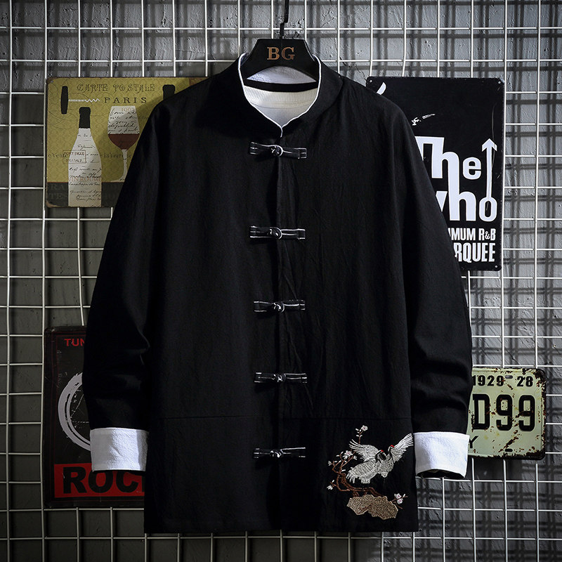 Tang Dress Shirt Male Long Sleeve Embroidered National Tide Inner Hitch Shirt Pair Brokenness and Loose Collar China Wind Inch size for a large size