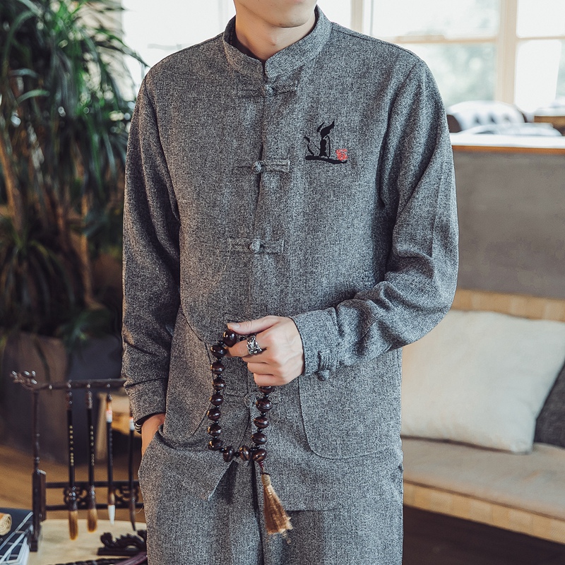 Chinese style Tang dress shirt Men's linen suit Spring and Autumn meditation shirt coat plate buckle ancient style thin section linen lay