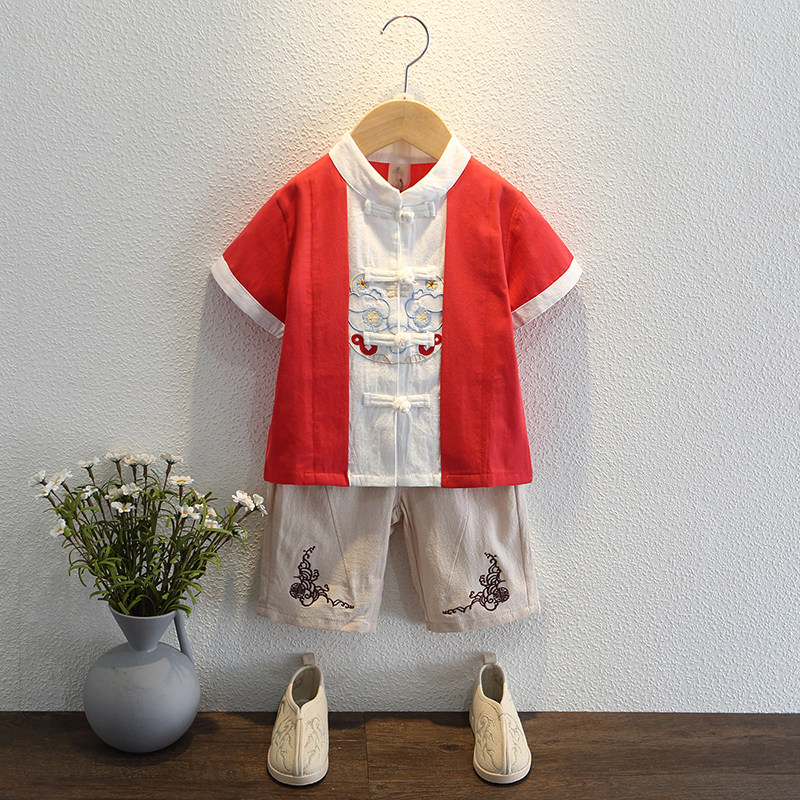 Han - dressed boy 1 summer 2 short sleeves 3 years old baby Chinese wind cotton flax show summer dress national school suit 4 children's Tanghai dress