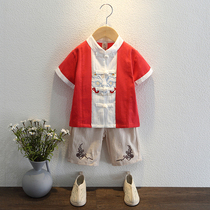 Han - dressed boy 1 summer 2 short sleeves 3 years old baby Chinese wind cotton flax show summer dress national school suit 4 childrens Tanghai dress