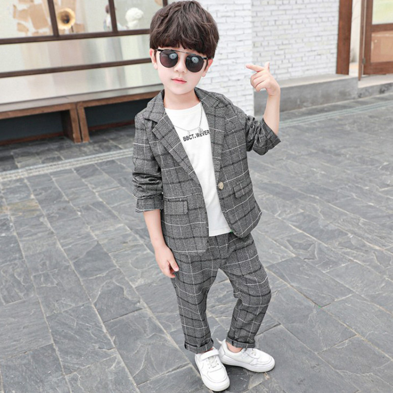 Boy suit spring autumn checkered casual gown The boy's handsome and handsome Korean version Children Western suit Men's suit suit