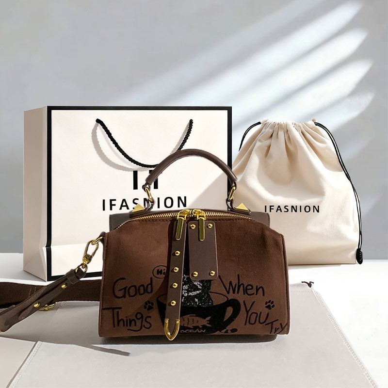 It Counter Genuine Vintage Light Luxury Coffee-Colored Suede Boston Bag 2026 New Model Single-Shoulder Embroidered Pillow Bag It Counter Genuine Vintage Light Luxury Coffee-Colored Suede Boston Bag 2026 New Model Single-Shoulder Embroidered Pillow Bag