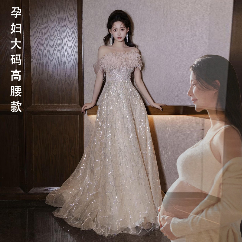 Plus-Size Evening Dress with One-Shoulder Sequin and Feather Design, Bridal Wedding Robe, Toast Dress, Suitable for Plus-Size Women and Pregnant Women to Cover the Belly Plus-Size Evening Dress with One-Shoulder Sequin and Feather Design, Bridal Wedding Robe, Toast Dress, Suitable for Plus-Size Women and Pregnant Women to Cover the Belly