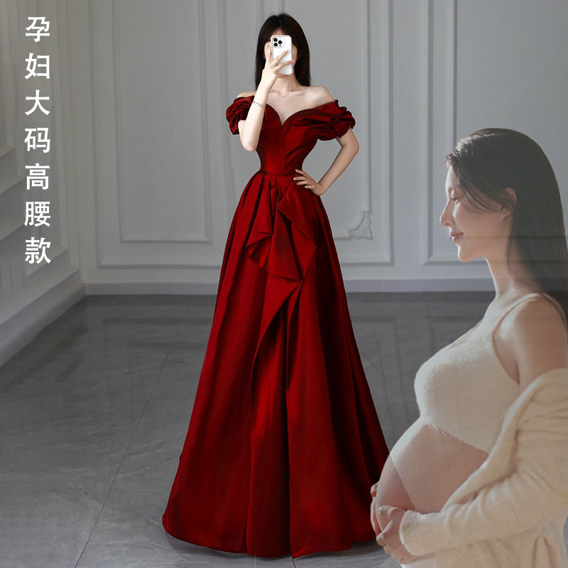 Satin French-Style Toast Dress, Off-Shoulder, Plus Size, Engagement, Homecoming, Thank-You Banquet Dress, Maternity Dress, High-Waisted, Tummy-Covering Satin French-Style Toast Dress, Off-Shoulder, Plus Size, Engagement, Homecoming, Thank-You Banquet Dress, Maternity Dress, High-Waisted, Tummy-Covering