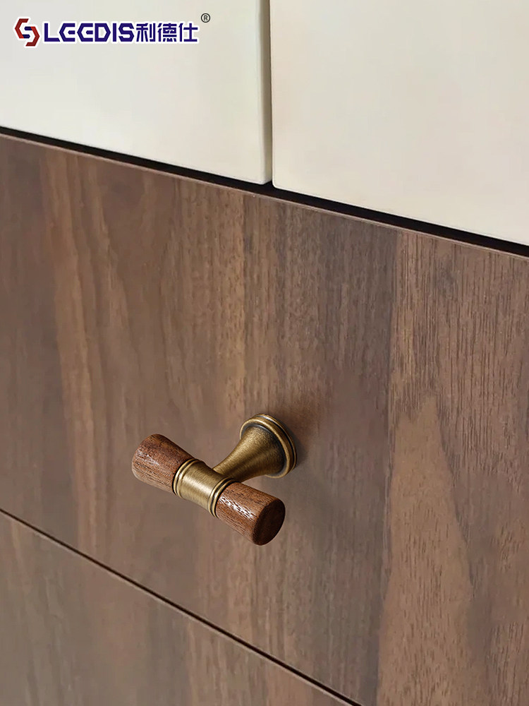New Chinese-Style Retro Walnut Wood Brass Cabinet Door Handle, Antique Bronze Color Round Ball Cabinet Wardrobe Drawer Handle