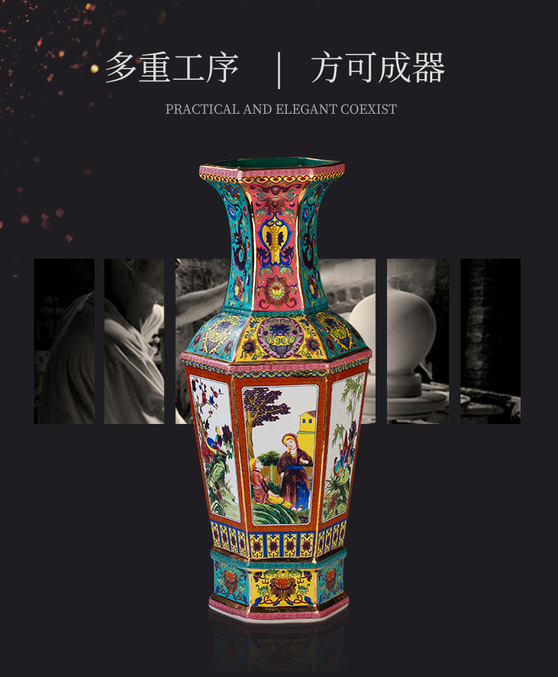 Archaize of jingdezhen ceramics powder enamel see colour enamel six sides flower vase furnishing articles sitting room porch decoration