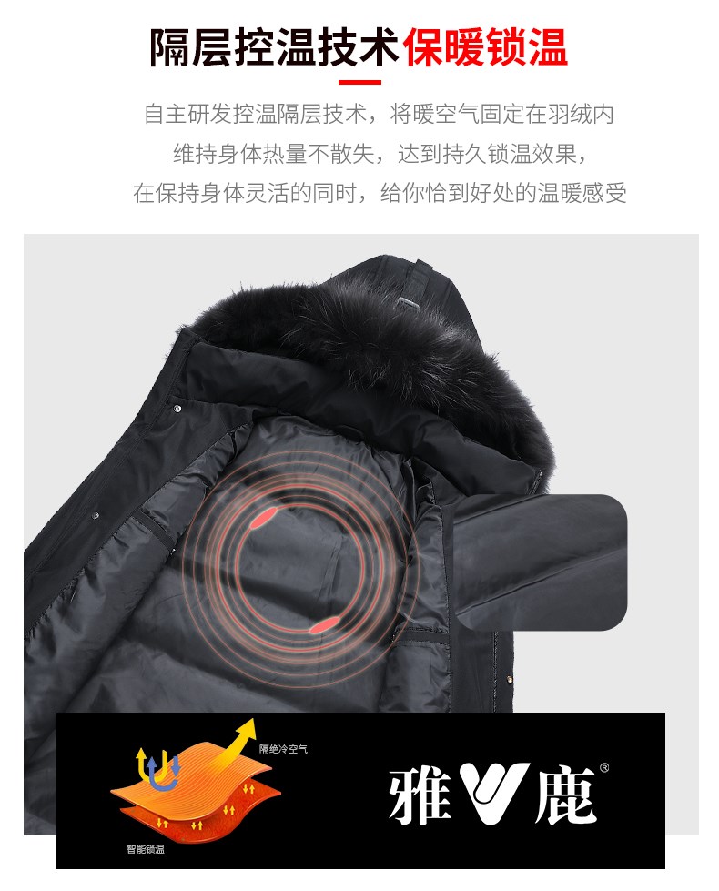 雅鹿 男士中长款保暖羽绒服 90%含绒量 貉子毛领设计 图7