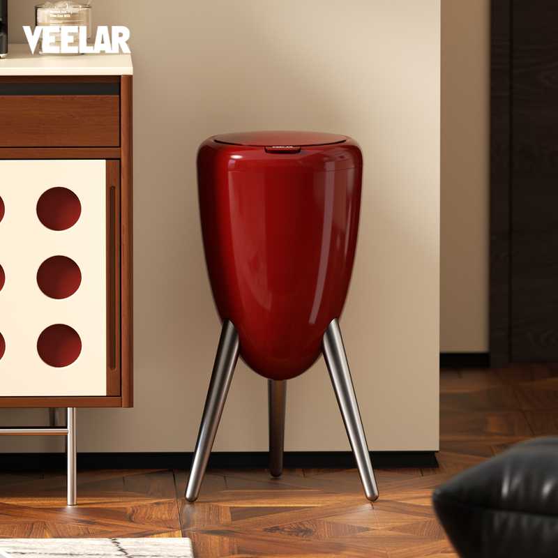 Veelar Press-Type Trash Can for Home Use, Tall Design, No Need to Bend Over, Floor-Standing, Suitable for Living Room, Kitchen, Bedroom, Red, Vintage Style, with Lid