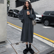 Sweater dress womens autumn and winter long knee thickening Korean loose lazy wind round neck wool knitted base dress