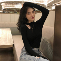 Black base shirt female spring autumn tight Sexy Slim slim slim half high collar long sleeve T-shirt