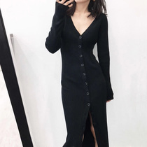 Black knit dress female spring and autumn slim V collar sexy tight inner wool long sleeve hip bottom top dress