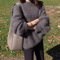 Mohair loose pullover sweater female Korean version of retro lazy wind wool thick round neck spring sweater