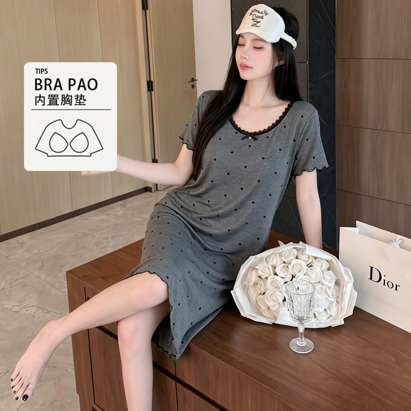 Modal Summer Thin Polka Dot Lace Dress Loungewear Women's Built-In Bra Sweet Style Nightgown
