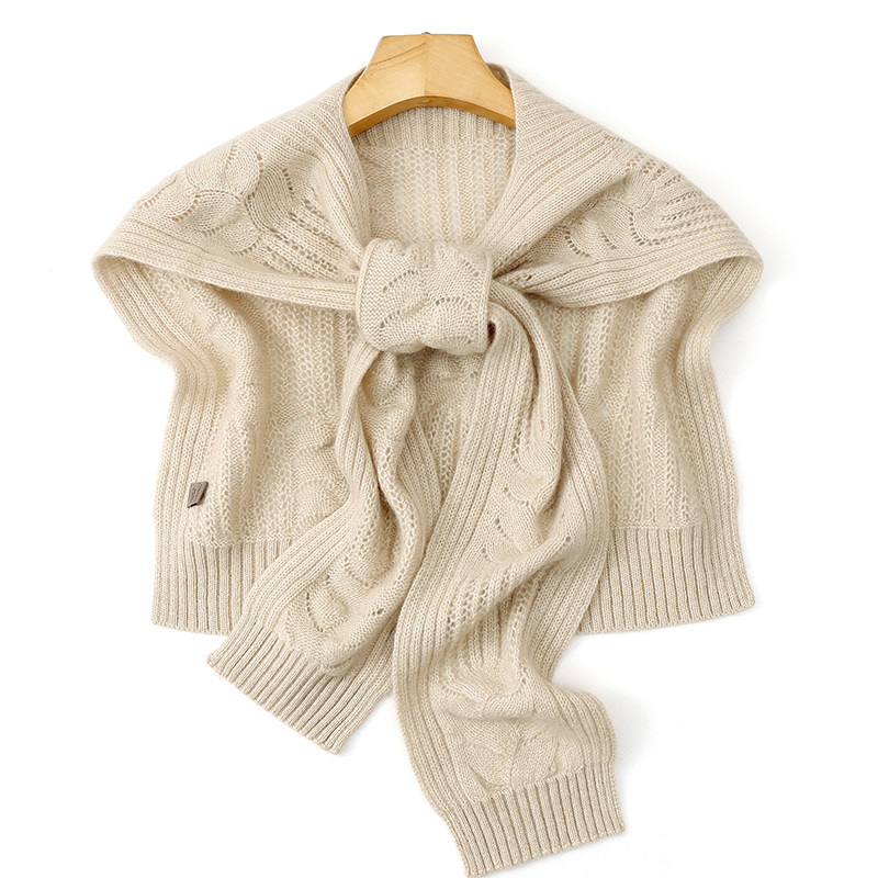 100% pure cashmere wool knitted hollow shawl women's outer wear summer shoulders spring and autumn knotted solid color high-end scarf