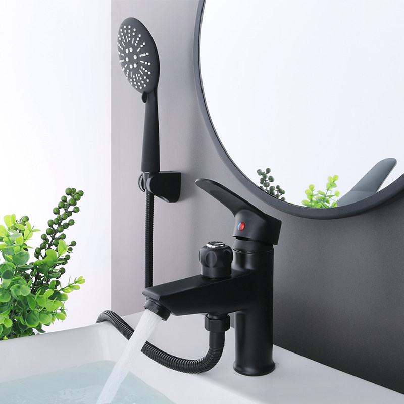 Black full copper single pore surface basin hot and cold water tap with shower nozzle Terra basin washbasin double with bath tap