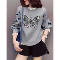 Lazy wind butterfly print fake two short gray sweater European station 2020 autumn and Winter womens new European goods