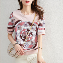 European new pink chiffon printed stitching knitted T-shirt round neck fairy retro geometric shirt top for women