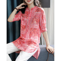 2021 summer new side split silk printing shirt womens Western style three-point sleeve medium-long mulberry silk top