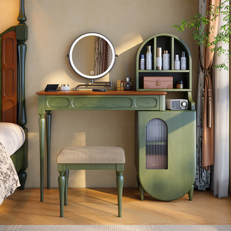 French Vintage Style Dressing Table, Solid Wood Dressing Table, Mid-Century Style Master Bedroom Vanity Table, Retractable Dressing Table with Integrated Drawers