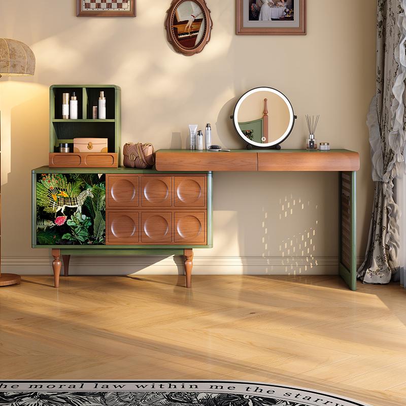 Dressing Table and Drawer Cabinet Integrated French Retro Bedroom Retractable Mid-Century Style Solid Wood Dressing Table and Desk Two-In-One