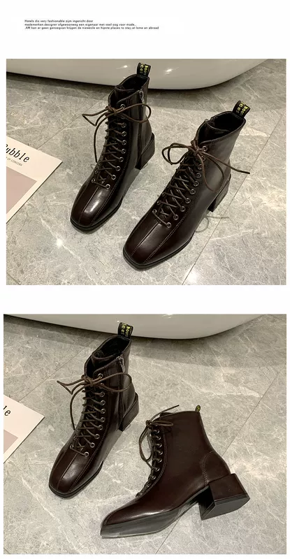 Retro lưới màu đỏ khởi động trẻ em 2020 mùa thu mới Martin boots nữ Phong cách Anh đế vuông mũi dày gót chân ren giữa khởi động - Giày cao gót