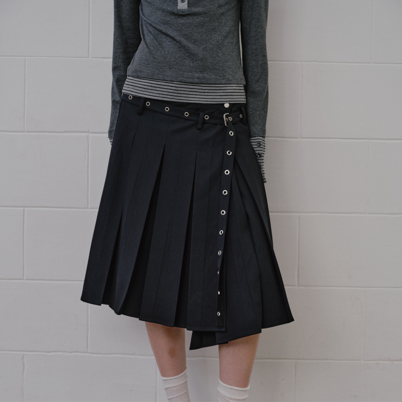 Amweird Asymmetrical Hem Autumn and Winter Skirt with Eyelet Tie, Versatile Pleated Skirt, A-Line Skirt