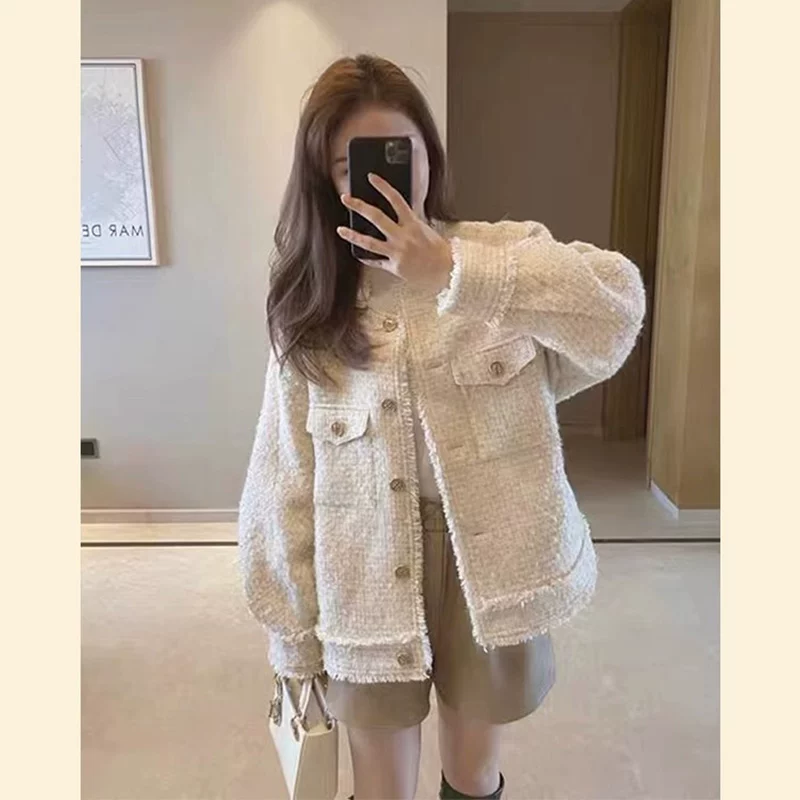 Beige autumn jacket, Chanel style, high-quality style