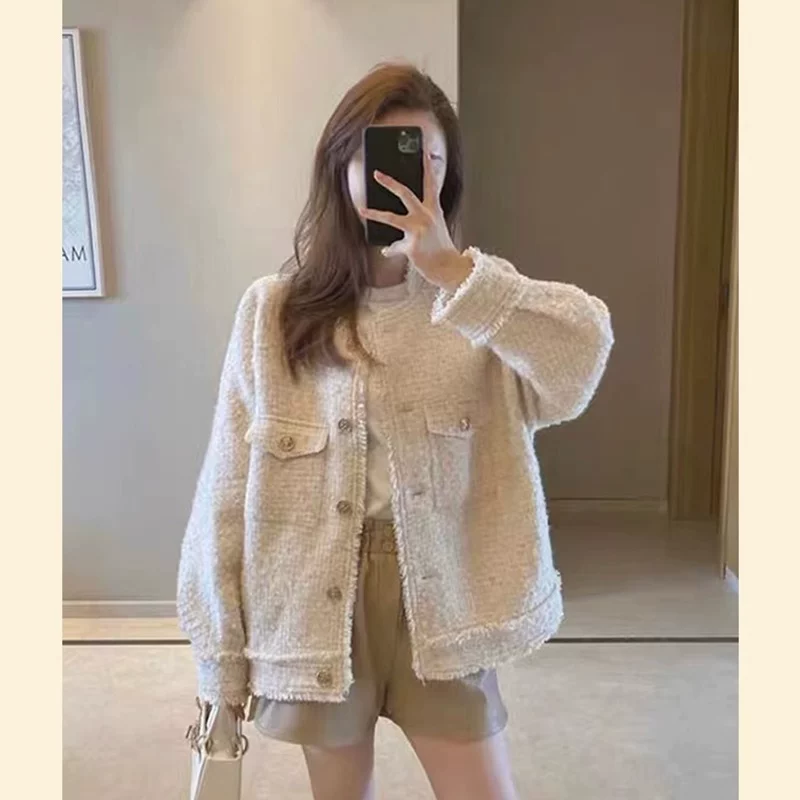 Beige autumn jacket, Chanel style, high-quality style