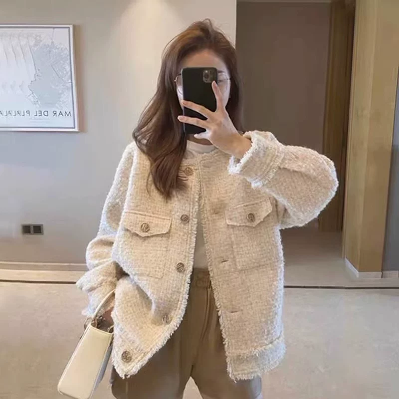 Beige autumn jacket, Chanel style, high-quality style