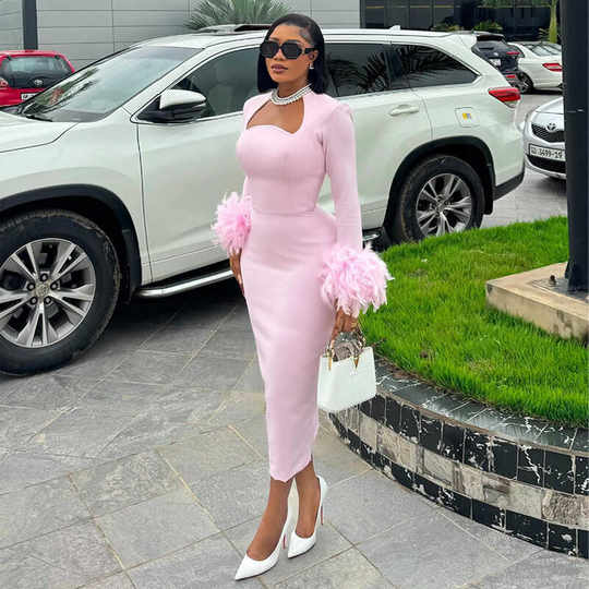 European and American autumn square-neck long-sleeved feather-embellished high-waist slim dress Women sexy party dress