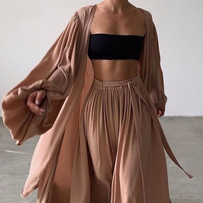 Стильные костюмы 超大灯笼袖长款开衫+抹胸内搭飘逸阔腿拖地裤三件套t台走秀时装女 OTHER