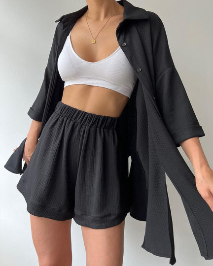 Casual shirt and shorts set 2023 European and American personalized slit mid-sleeve shirt shorts set
