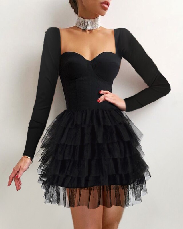 Women Party Dress Black Mesh Mini Dress Daily Wear Long Sleeve Mini Bodycon Dress