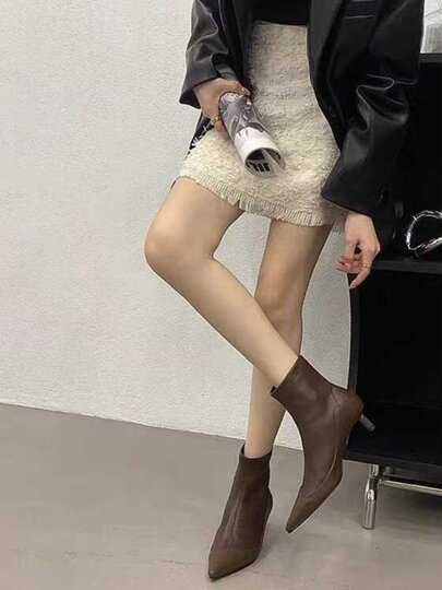 French-Style Pointed Toe Short Boots for Women 2024 Spring and Autumn New Low-Heeled Fashionable Soft Leather Versatile Fleece-Lined Slimming Boots and Ankle Boots