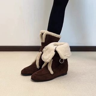 牛皮版~复古绒面皮带扣设计感内增雪地靴女两穿秋冬保暖短筒棉靴