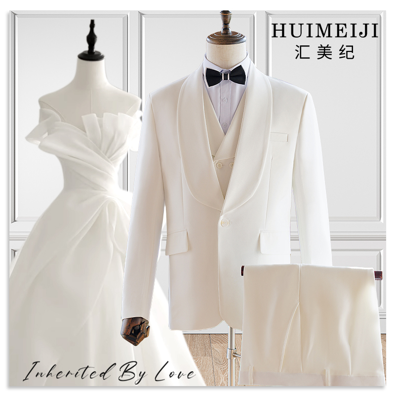 White Three-Piece Suit Set, Korean Style Slim Fit, Notch Lapel, Formal Casual Suit, Groom's Wedding Attire