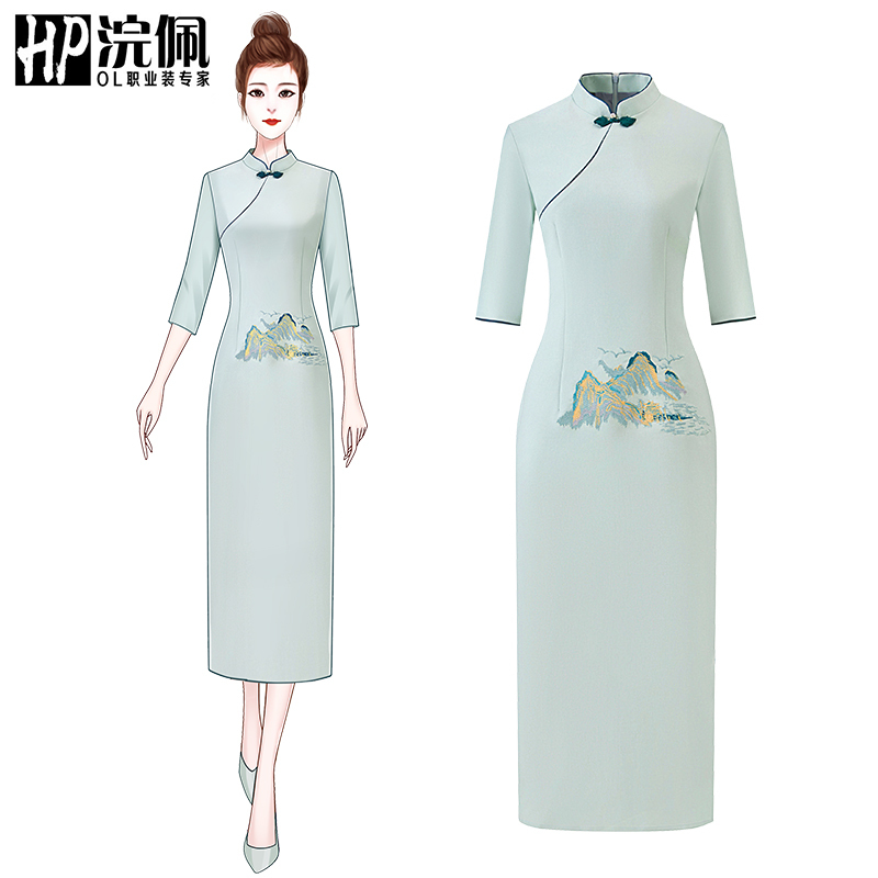 Classical Style New Chinese-Style Professional Dress, Long Slim-Fitting Cheongsam, High-End Ceremonial Attire, Sales Department Front Desk Work Uniform Classical Style New Chinese-Style Professional Dress, Long Slim-Fitting Cheongsam, High-End Ceremonial Attire, Sales Department Front Desk Work Uniform