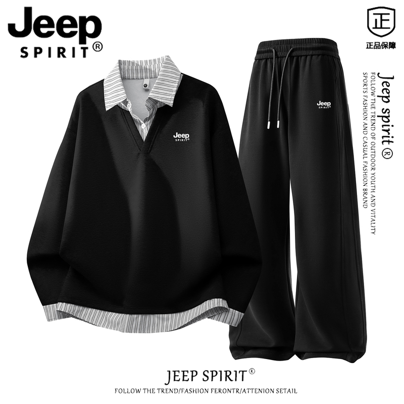 Jeep Jeep Two-Piece Casual Suit Men's Spring and Autumn New American-Style Loose Large-Size Lapel Sweatshirt Set Jeep Jeep Two-Piece Casual Suit Men's Spring and Autumn New American-Style Loose Large-Size Lapel Sweatshirt Set