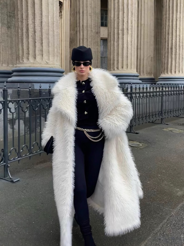 Suit-Style Large Lapel Mid-Length Faux Fur Coat for Women, Winter Warm White Jacket Faux Fur Coat